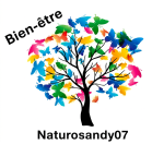 Arbre stylisé avec des papillons colorés formant le mot 'Bien-être' en haut et le nom 'Naturosandy07' en bas.